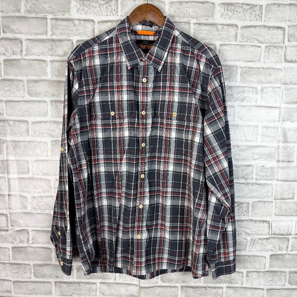 Orvis Trout Bum 100% Nylon Black & Orange Plaid LS Button Up Shirt Mens LARGE - Picture 1 of 8